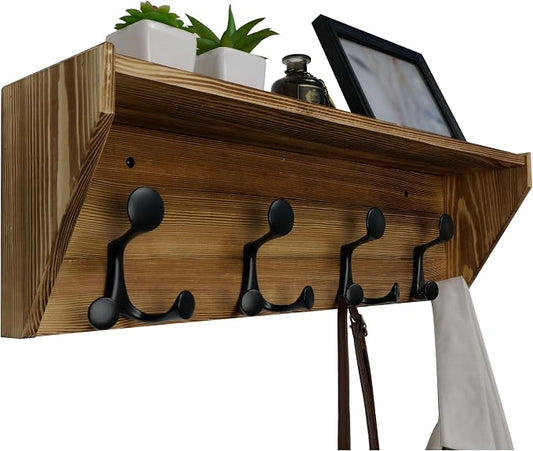 WEBI Wall Shelf with Hooks Underneath,24" Long Wall Mounted Coat Rack with Shelf,Entryway Coat Rack with 4 Triple Hooks for Hanging Coats,Jacket,Hallway,Bedroom,Mudroom,Brown
