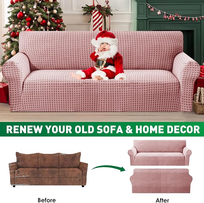 MAXIJIN Stretch Loveseat Couch Cover for 2 Cushion Couch (55"-69" Washable Sofa Slipcovers with Non-Slip Foam & Elastic Strap, Dog Cat Pet Friendly Furniture Protector (Medium, Pink)