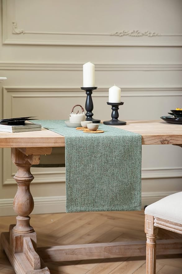 ZeeMart Burlap Style Farmhouse Table Runners 48 Inches Long, Green Rustic Woven Dining Table Runner for Everyday Use, 14x48 Inches, Mineral Green