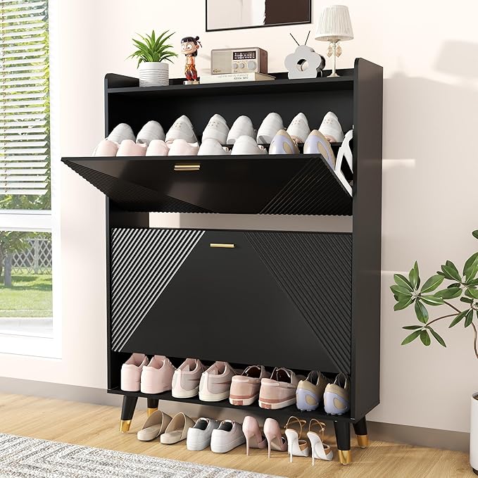 Shoe Cabinet Storage for Entryway: 32" Black Narrow Shoe Organizer Cabinet with 2 Flip Drawers, Modern Hidden Shoes Rack for Front Door Entrance (Black, 2 Drawers)