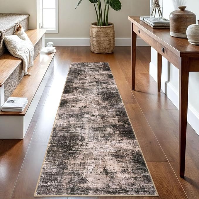 IOHOUZE Abstract Runner Rug 2x8 Ft Washable Runners for Hallways, Non Slip Kitchen Runner Printed Faux Wool Entryway Runner Indoor, Modern Abstract Floor Carpet for Hall Kitchen Bedroom, Brown/Rust