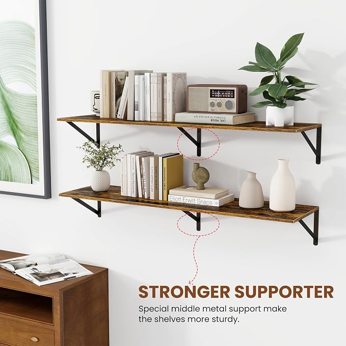 Heimlove Deep Floating Shelves for Wall, 44W x 12D Wood Wall Shelves Set of 2, Wide Floating Bookshelf for Living Room, Kitchen, Office, Bedroom and Decor Storage, with Metal Bracket - Rustic Brown