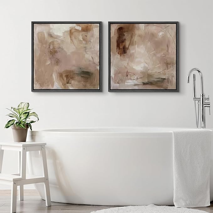 SIGNFORD Framed Canvas Print Wall Art Set Abstract Earthy Tones Soft Blush Illustrations Modern Art Minimal Relax/Calm for Living Room, Bedroom, Office - 16"x16"x2 Black