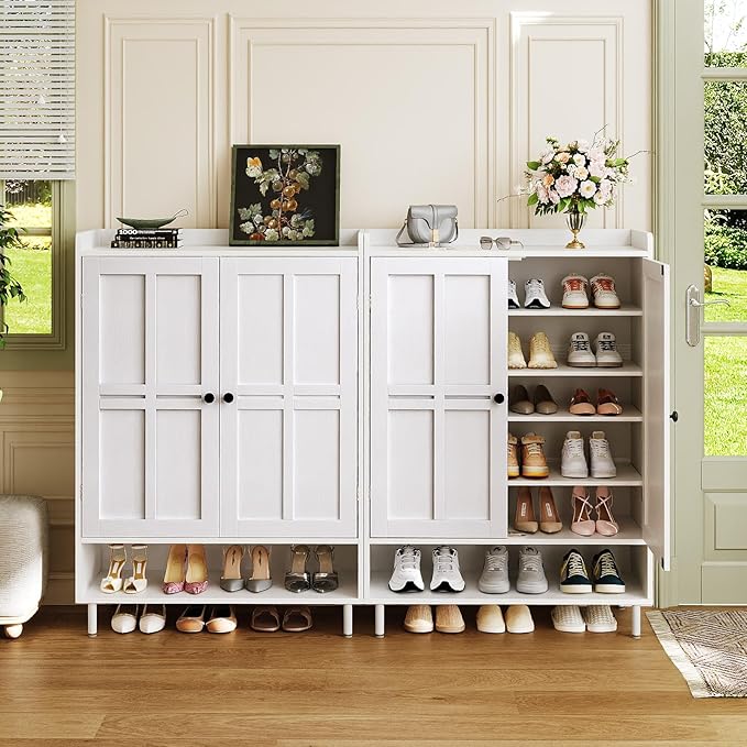 ComfyCorner White 7+1 Tier Farmhouse Shoe Storage Cabinet - 45" Tall Entryway Organizer with Cross Molding Doors, 3 Adjustable Shelves & Metal Legs, Shoe Rack for Front Door Entrance