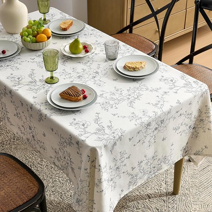 Linen Table Cloth Rectangle Tables Floral Tablecloth with Gray Flowers Pattern Burlap Textured Farmhouse Vintage French Rustic Outdoor Table Cover for Picnic,Dining,Party,Home Decor 55x72 Inch