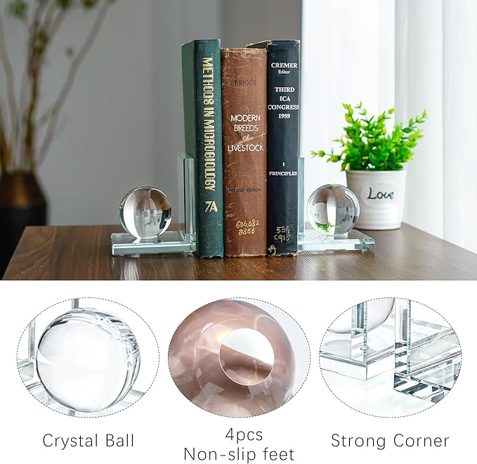 1 Pair Crystal Bookends with Crystal Ball Decorative Ornaments,L Shape Non-Skid Sturdy Book Ends for Heavy Books,Book Holder Stopper for Shelf Office Home (4inch,Clear)