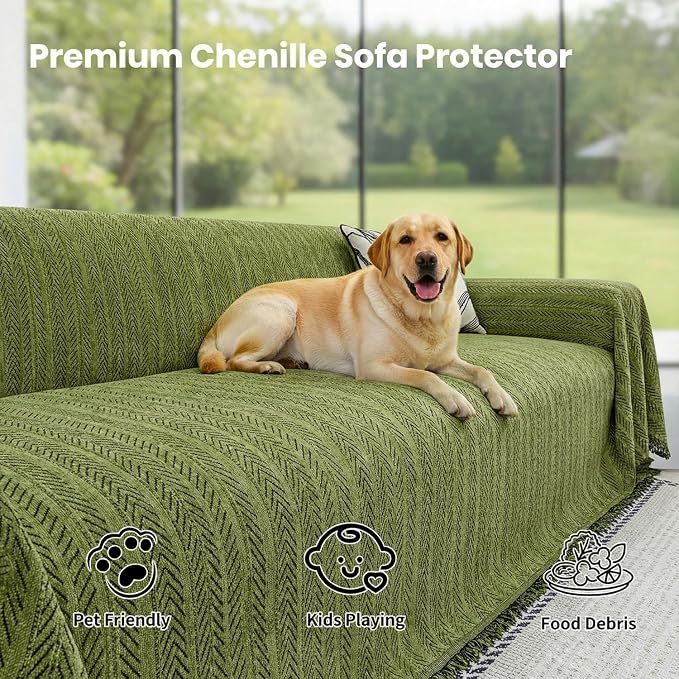 Chenille Couch Cover for Sofa Non Slip Cover Washable Pet Scratch Couch Covers Tassel Sofa Slipcover for 3 Cushion Couch Furniture Protector Blanket for Living Room,Yellow Green 91"x150"