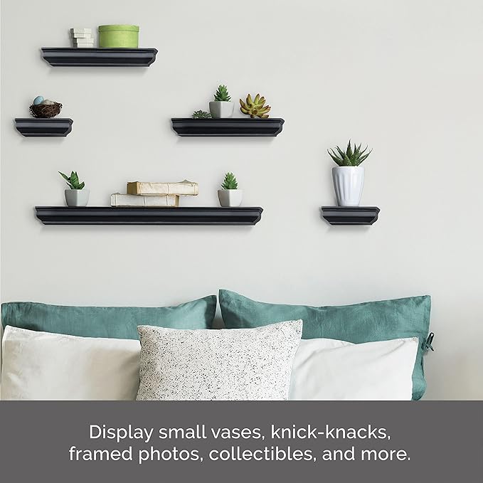 MELANNCO Floating Shelves for Wall Set of 5 - Black MDF Wall Shelves, 2 of 6 in, 2 of 12 in, 1 of 24 in, Multifunctional Room Decor Shelf with Hardware Included
