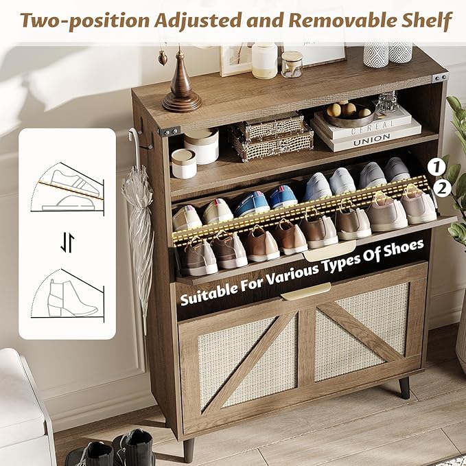 Halitaa Shoe Cabinet with 2 Flip Drawers & Open Storage,Farmhouse Shoe Storage Cabinet for Entryway,Freestanding Narrow Organizer Rack with Legs,Foyer,Hallway,Rustic Oak Rattan