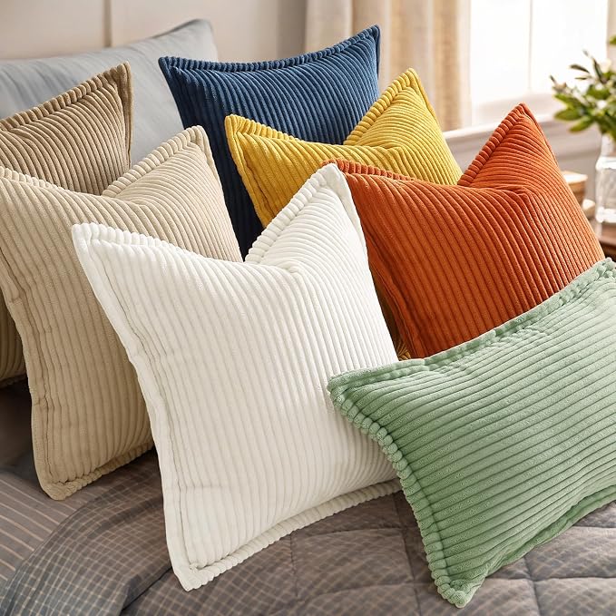 decorUhome Summer Corduroy Pure White Euro Sham Throw Pillow Covers 26x26 Set of 2 Decorative Soft Boho Farmhouse Couch Pillow Covers for Living Room Bed Sofa Broadside Striped Pillow Cases