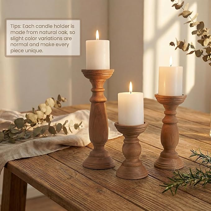 Rustic Wooden Pillar Candle Holders Set of 3, 12'' 9'' 6'' Farmhouse Wood Candle Stand for Table Centerpieces, Vintage Tall Candleholders Fireplace Mantel Decor for Living Room, Brown