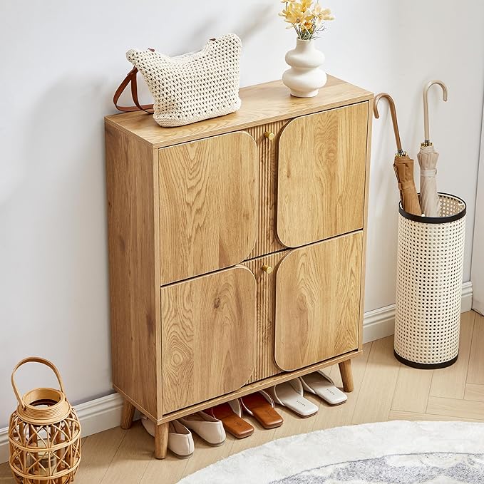 BERRYMERRY Shoe Cabinet with 2 Flip Drawers,Wood Hidden Shoes Storage Cabinet with Fluted Recessed Design, Freestanding Shoe Organizer Cabinet for Entryway, Hallway, Living Room