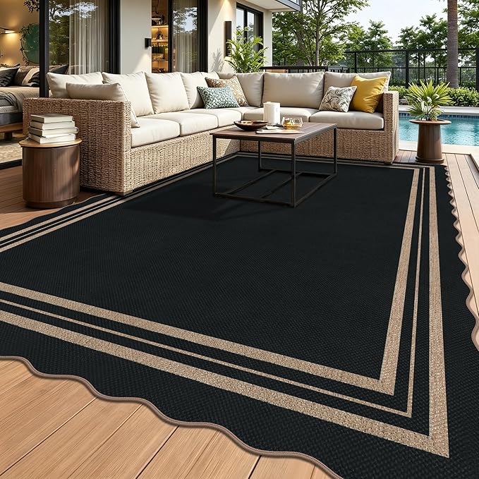 Scalloped Easy Jute Outdoor 8x10 Area Rug, Washable Outdoor Patio Rug, Farmhouse Indoor Black Geometric Rug Neutral Non Slip Carpet for Living Room Backyard Home Decor