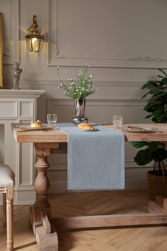 ZeeMart Burlap Style Farmhouse Table Runners 108 Inches Long, Dusty Blue Rustic Woven Dining Table Runner for Everyday Use, 14x108 Inches, Light Dusty Blue