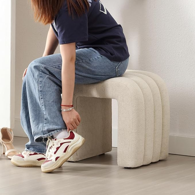 Multi-Functional Ottoman Stool, Footrest for Couch, Modern Vanity Stool for Make-up Room, Living Room and Entryway, Small Cute Footstool (Beige Linen)