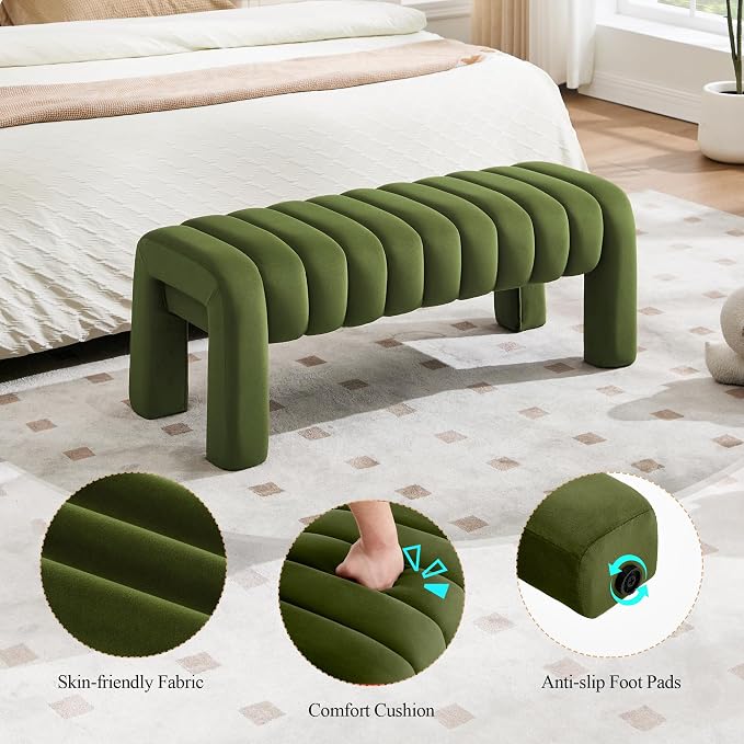 43’’ Bedroom Bench, Upholstered End of Bed Bench with Solid Wood Legs, Modern Small Dining Bench with Full Covered Fabrics for Entryway, Bedroom, Living Room (Green, Velvet)
