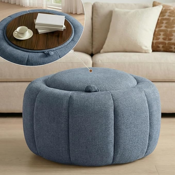 Tbfit Round Storage Ottoman - No Assembly Required, Storage & Sturdy Structure Multi-Functional Seat/Footrest for Living Room, Bedroom & Kids Room Soft Fabric for Family Home Use