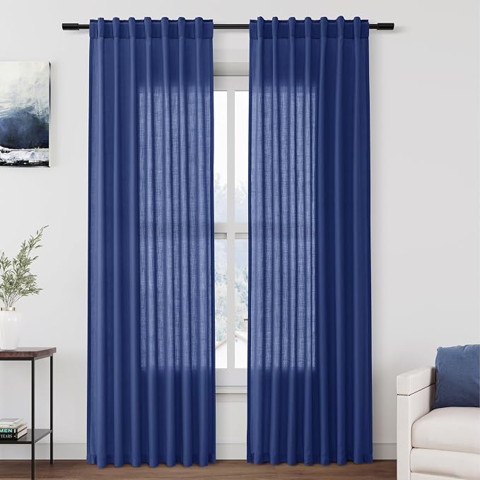 Classic Blue Linen Curtains 84 Inch Length 2 Panels Set for Living Room Rod Pocket Back Tab Light Filtering Window Drapes for Bedroom Dining Room Protect Privacy Modern Farmhouse Decor 52x84