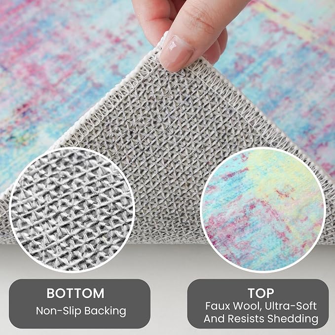 IOHOUZE Abstract Runner Rug 3x6 Ft Washable Runners for Hallways, Non Slip Kitchen Runner Printed Faux Wool Entryway Runner Indoor, Modern Abstract Floor Carpet for Hall Kitchen Bedroom, Pink Teal