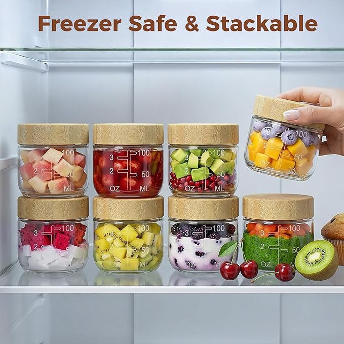 HomArtist 4oz Glass Salad Dressing Containers with Bamboo Lids - 6 Pack Small Airtight Condiment Cups, Mini Sauce Jars for Picnic, Ketchup, Dip & Snacks, Leakproof, BPA-Free & Dishwasher Safe