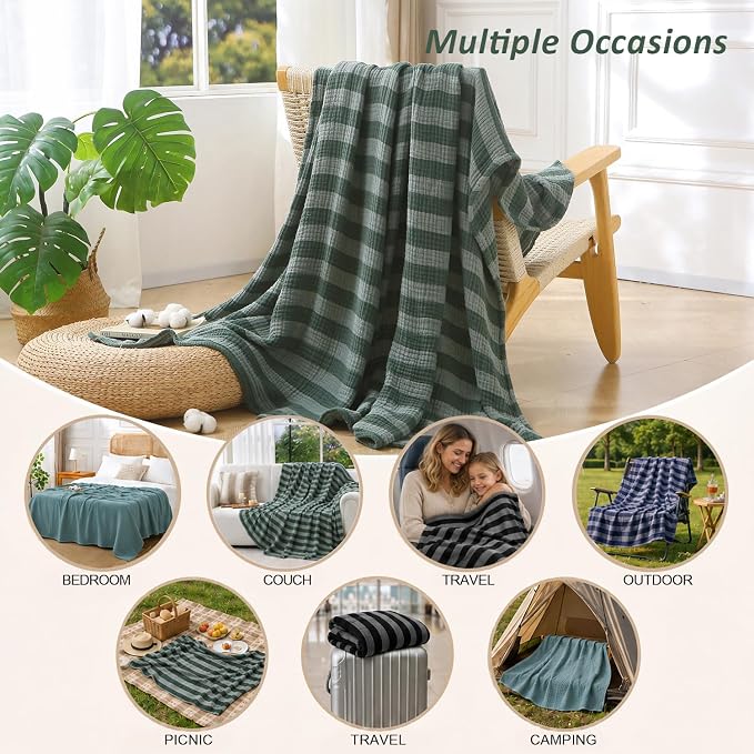 EMME Cotton Muslin Twin XL Blanket Breathable Gauze Soft Lightweight Adults Gifts for Women (Striped Forest Green, 66"x90")