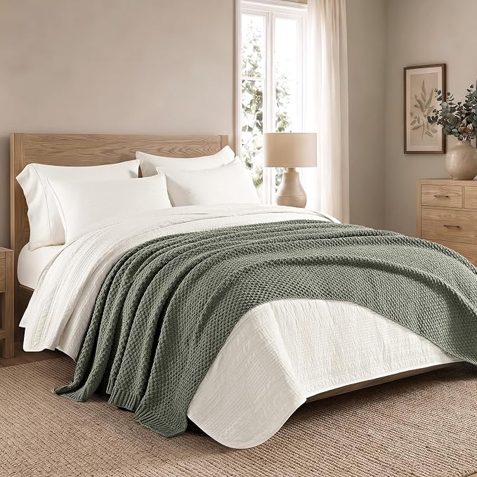 EVERGRACEHOME Chunky Chenille Knit Throw Blanket for Couch, Soft Luxurious Oversized Queen Moss Stitch Blanket for Bed, Cozy Farmhouse Knitted Throw for Sofa, Dried Thyme, 90" x 90"