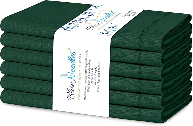 Blue Needles Set of 12 Hemstitch Linen Napkins 100% Cotton Forest Green Cloth Dinner Napkins 18x18 inches, Soft, Reusable, Absorbent, Washable, Ideal for Spring Summer Easter Parties & Everyday Use