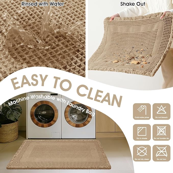 Extra Large Waffle Bath Mat, 5'x2' Beige-Looped, Super Absorbent Non-Slip Quick Dry Bathroom Rugs with Tassels, Machine Washable Ultra Soft Boho Bath Rugs for Floor, Toilet Mats Boho Farmhouse Decor