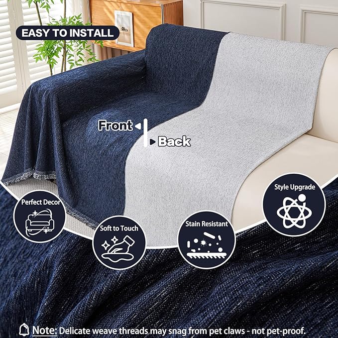 DREAMINGO Navy Blue Couch Cover Thick Chenille Couch Cover Blanket for 3 Cushion Washable Pet Furniture Protector Extra Large Sofa Slipcover 71x150 Inch for 3 Seater Sofa