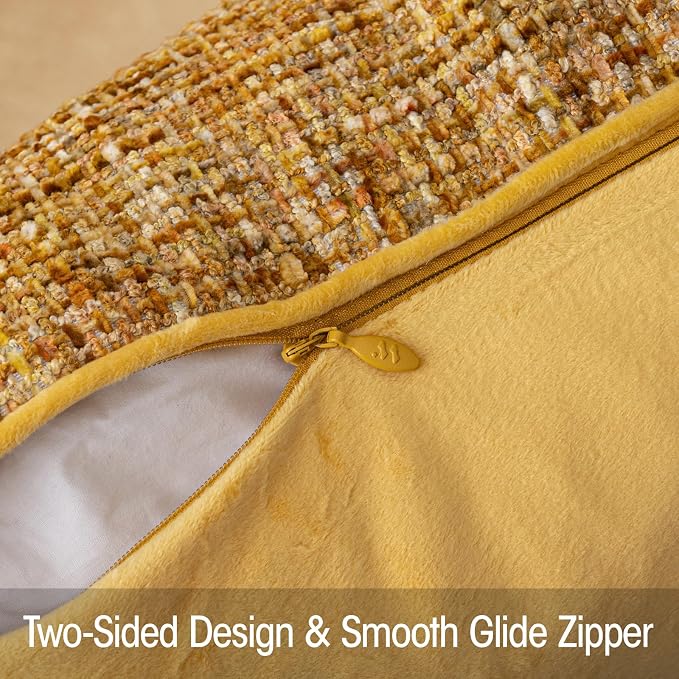 A Moment Bright Yellow Reversible Pillow Covers 2 Pack - Farmhouse Chenille Velvet Throw Pillows, Neutral Textured Decorative Throw Pillow Covers with Border for Couch Sofa Bed (12x20 Inch, No Insert)