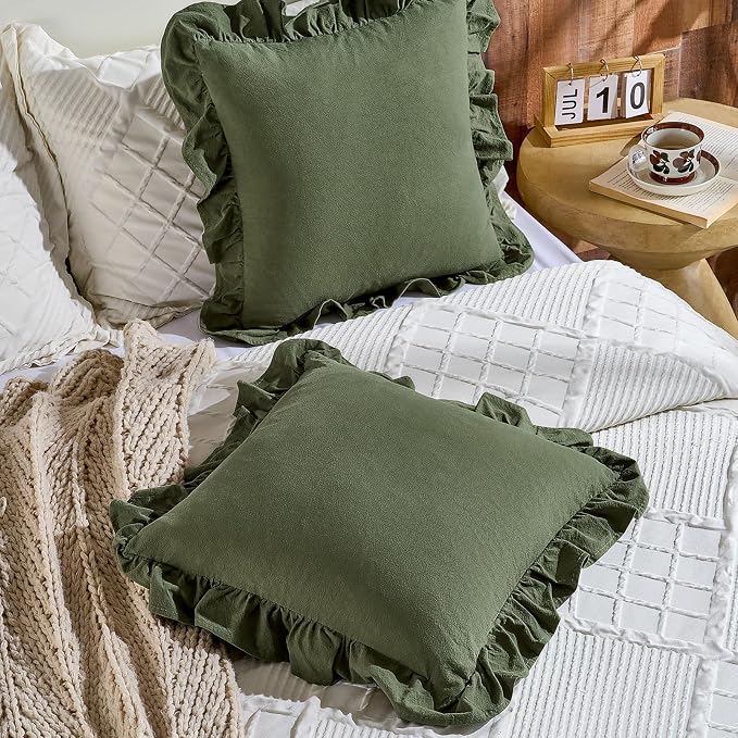 AmHoo Pack of 2 Throw Pillow Covers 100% Cotton Pre Washed Ruffle Decorative Pillowcase Cushion for Couch Sofa Bedroom 24 x 24-Inch Olive Green