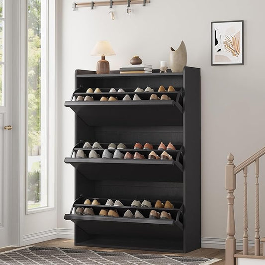 GarveeHome Shoe Cabinet with 3 Flip Drawers, Wooden Shoe Organizer Cabinet with Adjustable Shelf, Shoe Storage for Entryway, Hidden Shoe Cabinet for Hallway, Living Room, Black