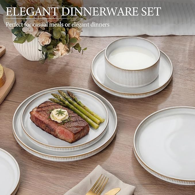 E-far Stoneware Dinnerware Sets for 2, 6-Piece Plates and Bowls Sets, Chip & Scratch Resistant Ribbed Dish Set for Home Restaurant, Microwave & Dishwasher Safe, Creamy Beige