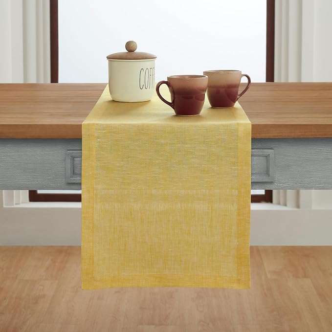 Solino Home Linen Table Runner 132 Inches Long - Athena, 100% Pure Linen Chambray Lemon Yellow Table Runner 14 x 132 Inch for Dining, Summer