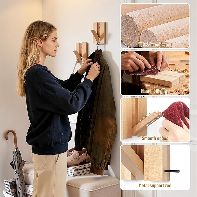Wall Hooks for Small Space: Foldable Natural Wooden Coat Hooks 4Pack for Limited Spaces Closet Corner Bathroom- Modern Minimalist Decor Hanger for Hanging Towels Backpack Bags Jackets