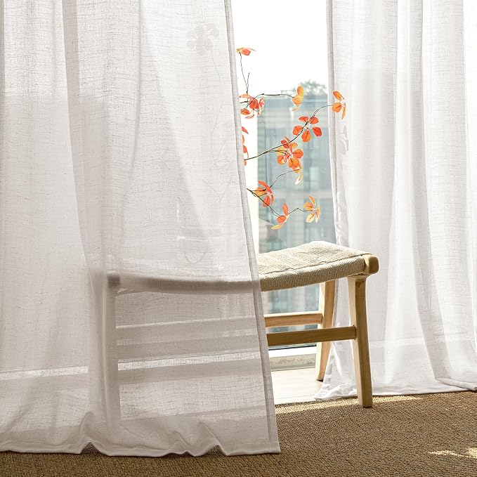 Natural White Linen Curtains 63 inch Length 2 Panel Set for Living Room Back Tab Light Filtering Semi Sheer Curtains 63 inches Long Cream Colored Soft Linen Cotton Textured Rustic Farmhouse Drapes