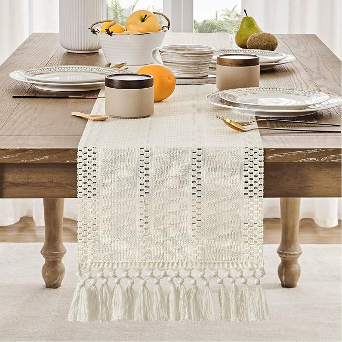 ZeeMart Macrame Style Boho Table Runner, Ivory Table Runners 108 Inches Long, Farmhouse Woven Home Decor, 12x108 Inch (12x116 Tassel Included), Ivory