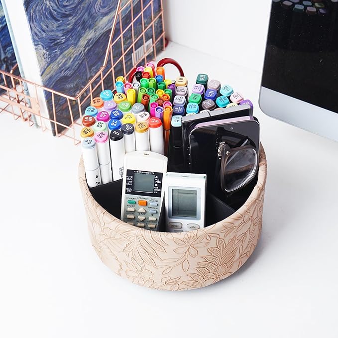 Remote Control Holder, 360°Spinning PU Leather Desk TV Remote Caddy,Desk Storage Box Room Accessories for Controller, Media,Mail,Calculator, Mobile Phone,Pencil(1-Carved Light Brown)
