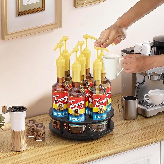 THYGIFTREE Rotating Coffee Syrup Organizer 7 Bottles Syrup Rack for Countertop Wood Syrup Bottle Holder Stand for Coffee Bar Station, Turntable Wine Display Tray, Black