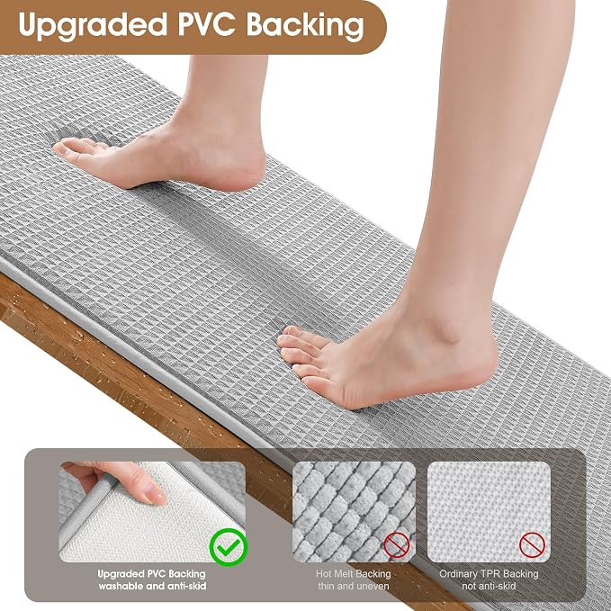 Memory Foam Bath Mat, Ultra Soft Absorbent Waffle Bathroom Rugs, Super Non-Slip PVC Backing Bath Rug Quick Dry, Machine Washable Rug for Tub, Shower, Home Decor Accessory, 32" x 20", Light Gray