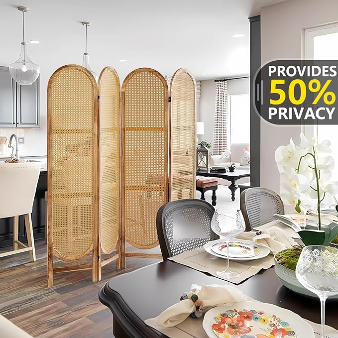 Room Divider and Folding Privacy Screen 5.6 Ft Rattan Room Divider with Double Hinges, Foldable Wood Partition Screen for Bedroom, Dorm, Apartment, Home Office - 4 Panel Natural
