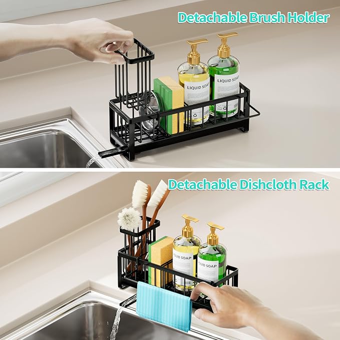 HapiRm Sponge Holder for Kitchen Sink - Self-draining Sink Caddy with Brush and Dishcloth Holder, Stainless Steel Sponge Caddy for Countertop - Black(Large)