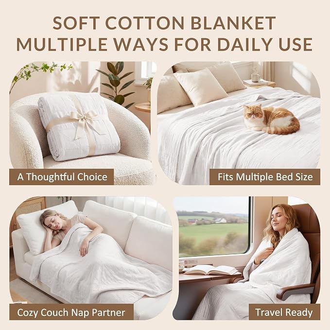 Exclusivo Mezcla 100% Cotton Muslin Blanket for Bed, King Size 4-Layer Moisture-Wicking and Breathable Ultra Soft Gauze Blanket for Spring Summer, 104"x90", Pure White