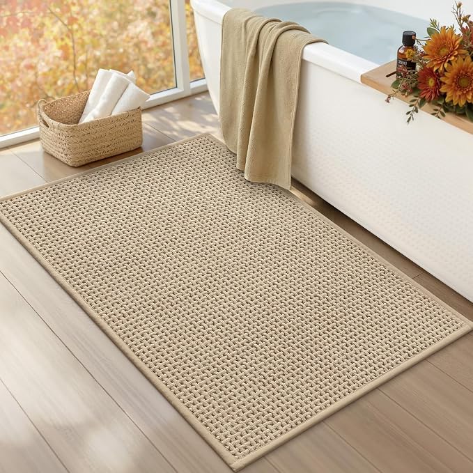 Color&Geometry Rubber Backed Waffle Bath Mat 36x24, Non Slip Water Washable Bathroom Rugs, Soft Absorbent Chenille Boho Carpet for Bathroom Floor, Tub and Shower, Beige