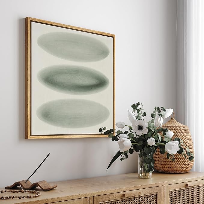 SIGNFORD Framed Canvas Print Wall Art Minimalist Green Gradient Oval Forms Illustrations Modern Art Relax/Calm Warm for Living Room, Bedroom, Office - 16"x16" NATURAL