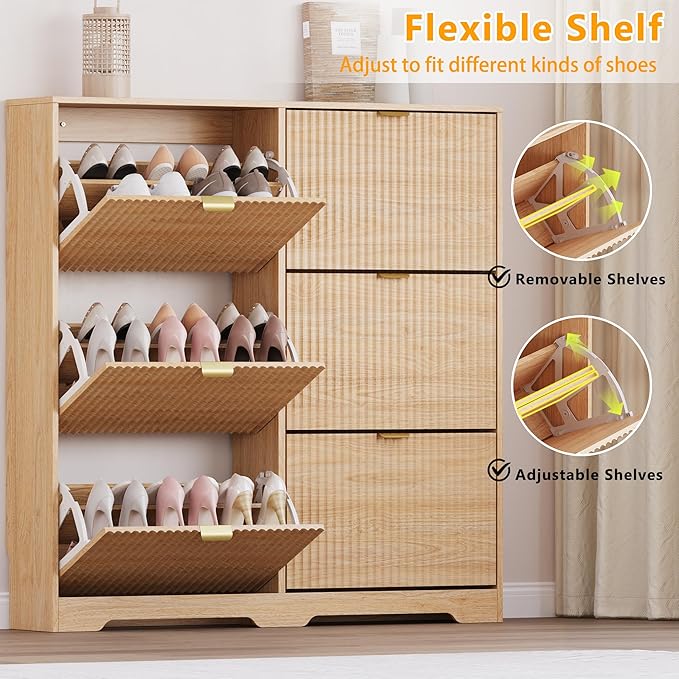 BORNOON Large Shoe Cabinet for Entryway, Tall Narrow Shoe Storage Cabinet with 6 Flip Drawers and Adjustable Shelves, Shoe Rack Cabinet Organizer for Hallway, Foyer, Small Apartment