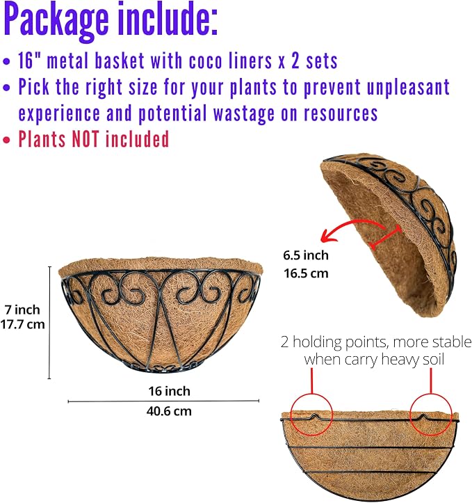 LaLaGreen Outdoor Wall Planters (2 Pack, 16 Inch) Black Metal Wall Mounted Hanging Basket with Coco Liner, Large Flower Pot Plant Holder Planter for Fence Railing Deck Porch Balcony Modern Home Decor