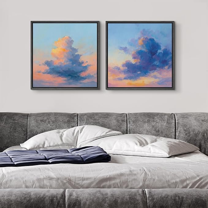 SIGNFORD Framed Canvas Print Wall Art Set Dreamy Cloud Sky Landscape Blue Pink Abstract Modern Art Relax/Calm for Living Room, Bedroom, Office - 24"x24"x2 BLACK