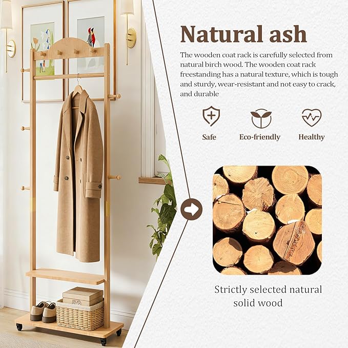 Wood Clothes Rack with Storage, 2 Shelves, 9 Hooks, Garment Rack with wheels, Coat Rack Freestanding, Clothing Rack Heavy Duty Hall Tree for Living Room Hallway,835 Natural
