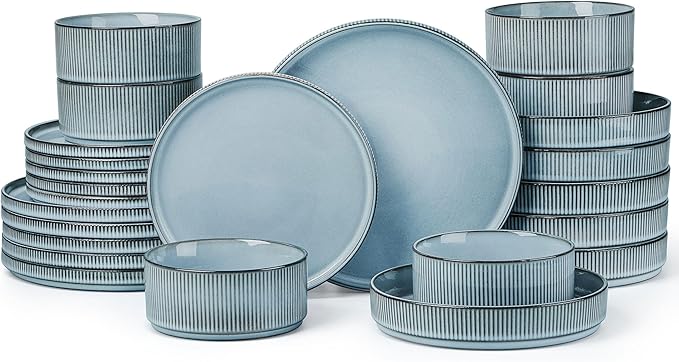 LIANYU Dinnerware Plates and Bowls Dishes Set, 24 Piece Elegant Stoneware Sets with Pasta Bowls for 6, Modern Ribbed Ceramic Dining Ware Dishware for Restaurant Wedding, Dishwasher Safe, Slate Blue